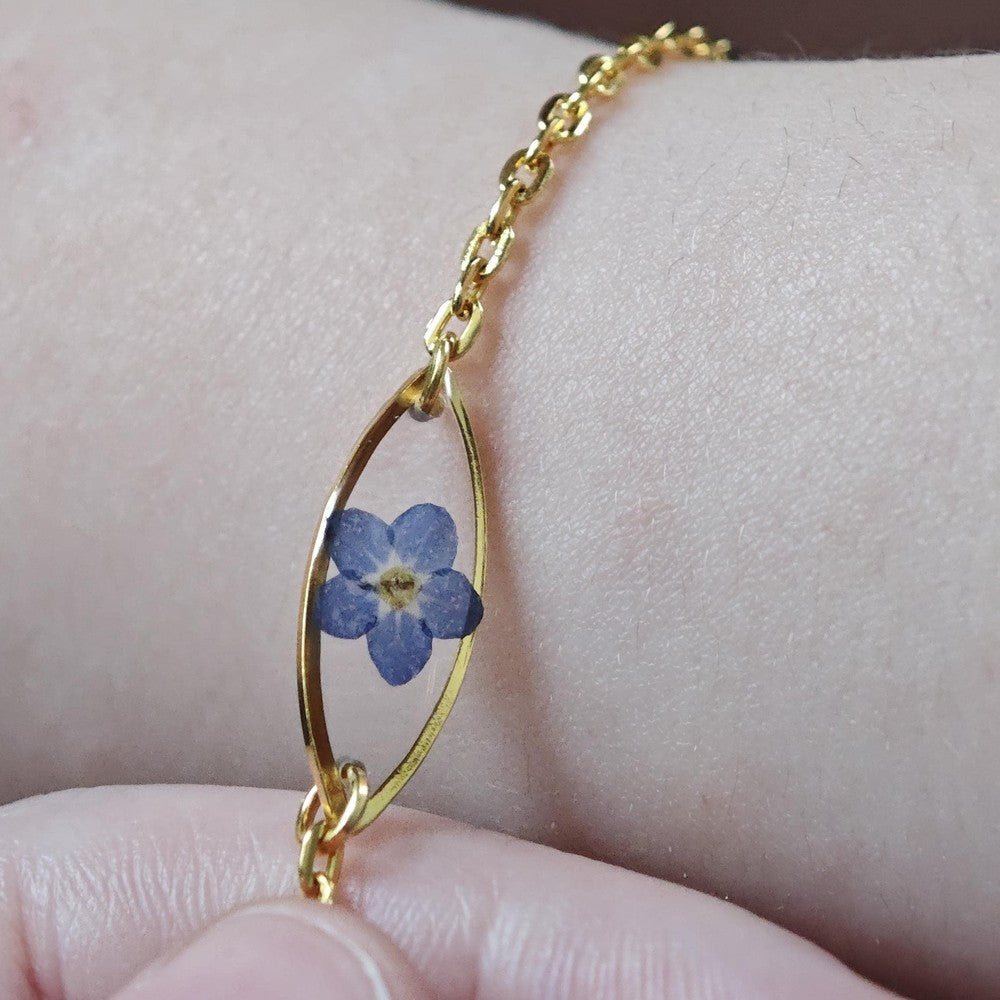 Personalized Forget Me Not Bracelet Real Flower Jewelry Custom Name Gold