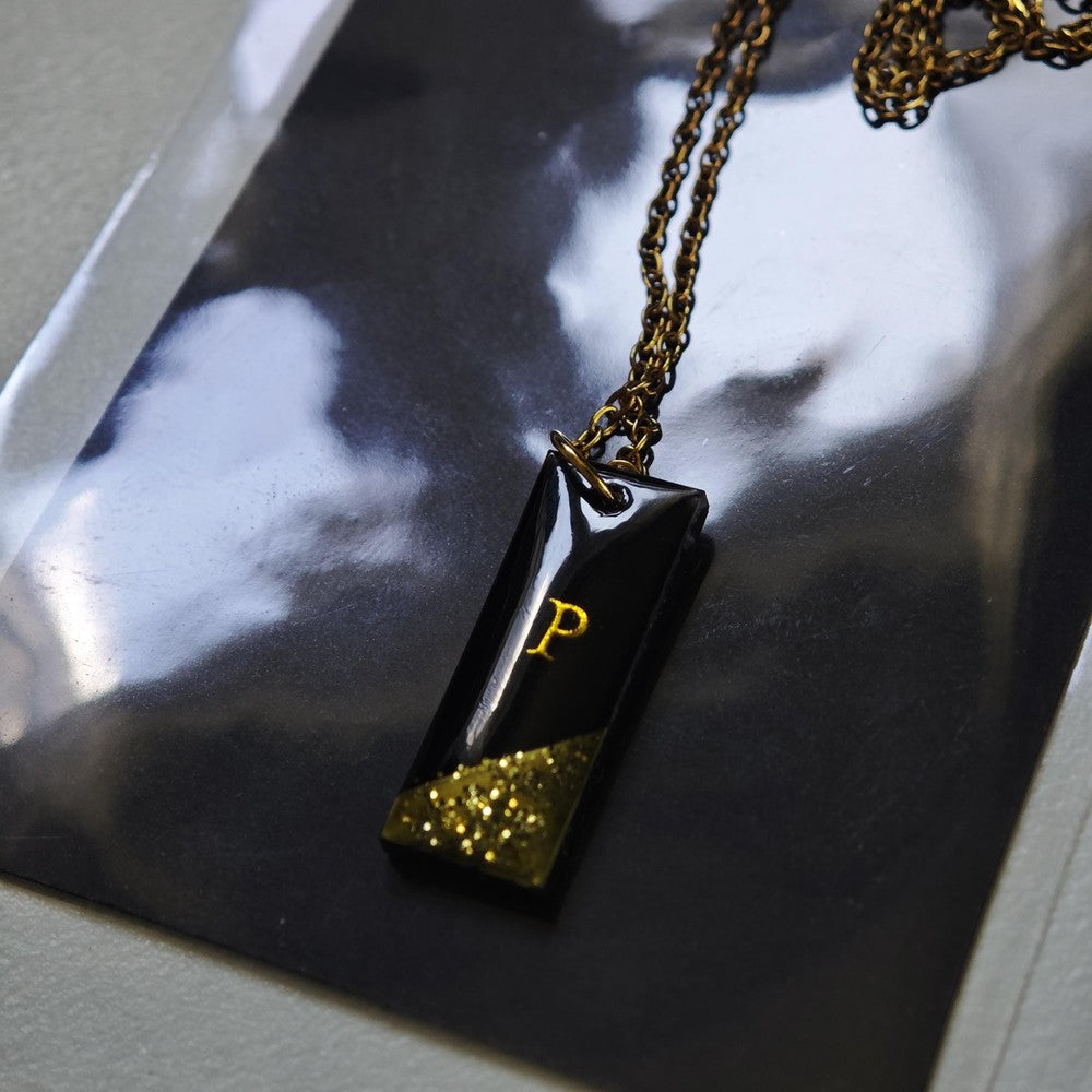 Personalized Initial Necklace Black Gold Resin Pendant Custom Letter
