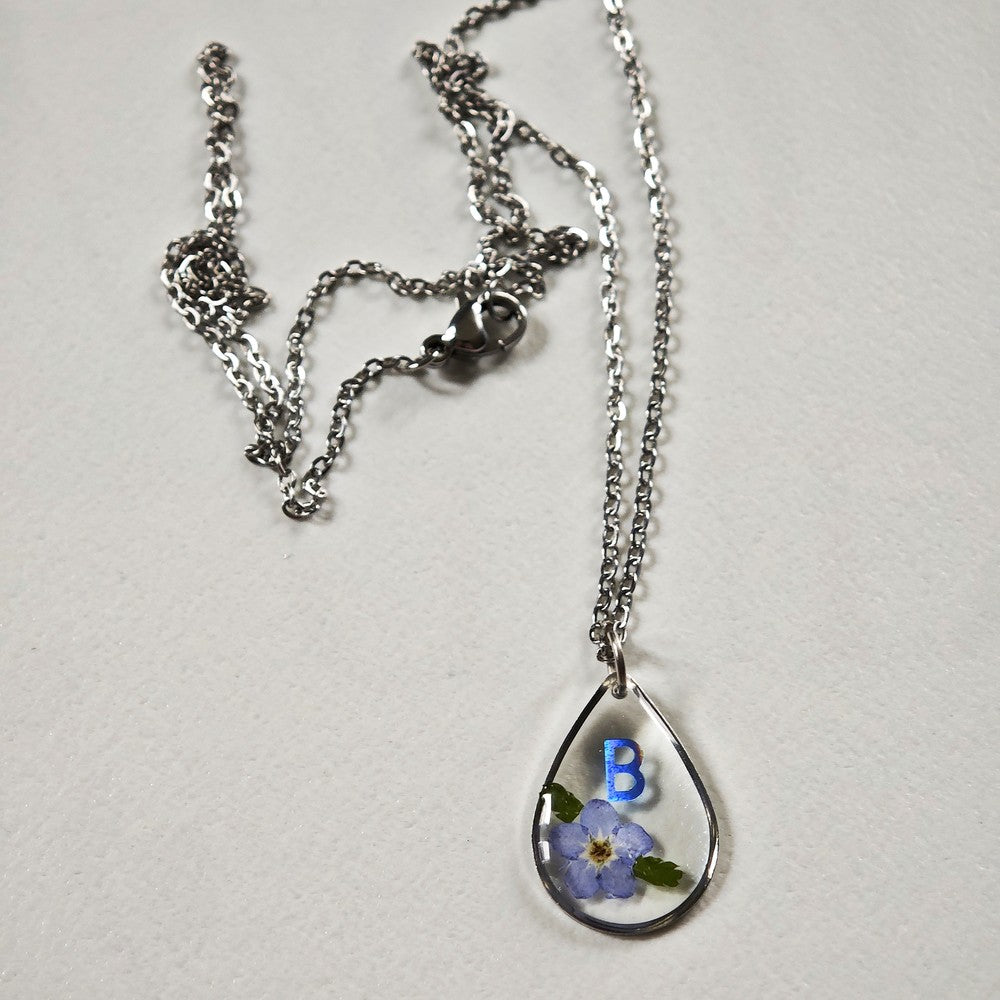 Personalized Forget Me Not Necklace Real Pressed Flower Custom Name Heart