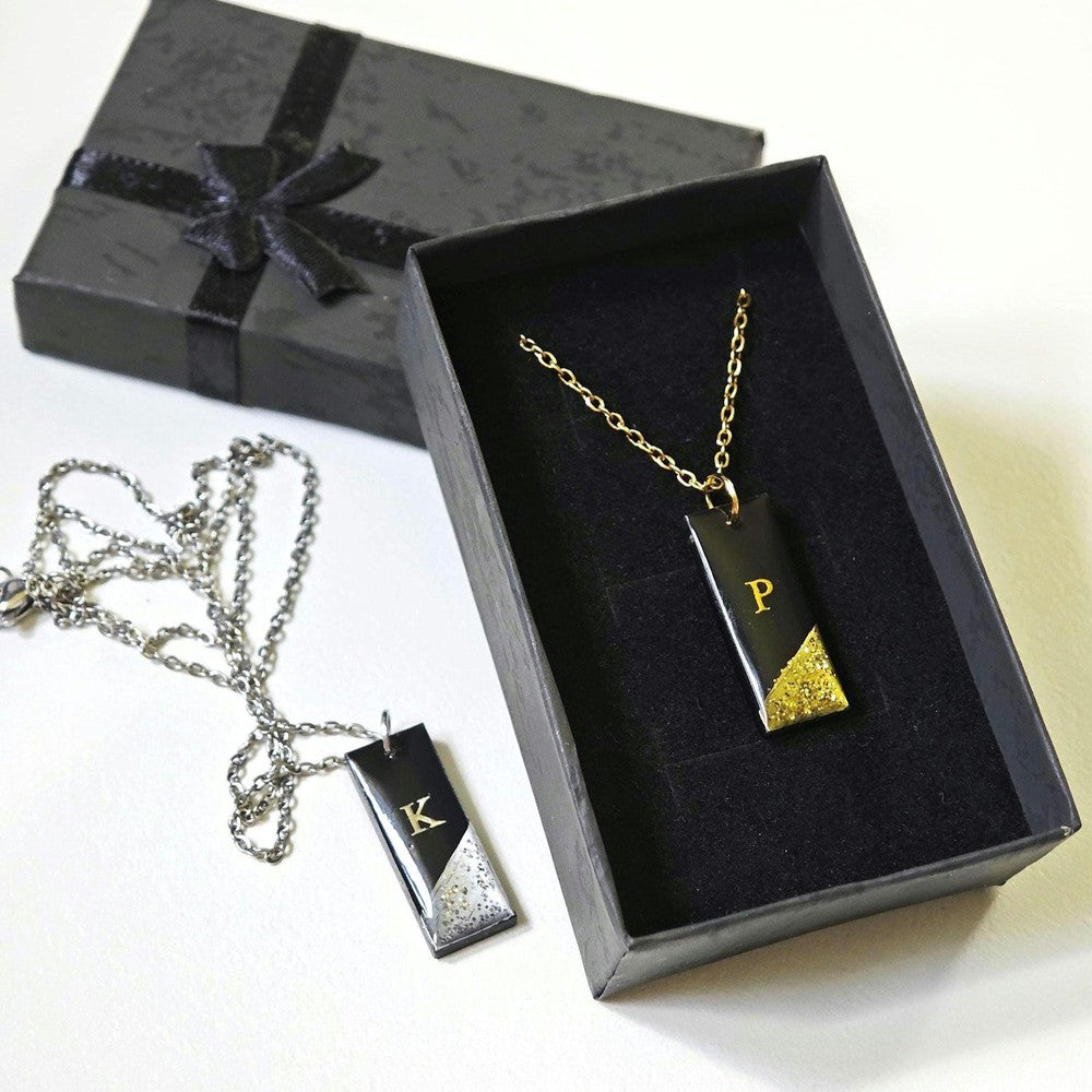Personalized Initial Necklace Black Gold Resin Pendant Custom Letter