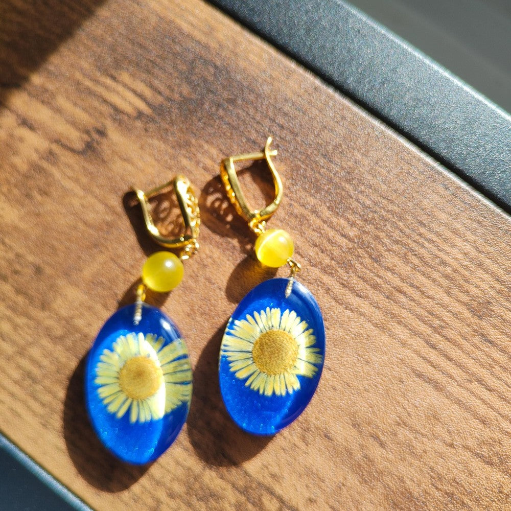 Dried Flower Resin Earrings with Yellow Daisy in Blue Resin