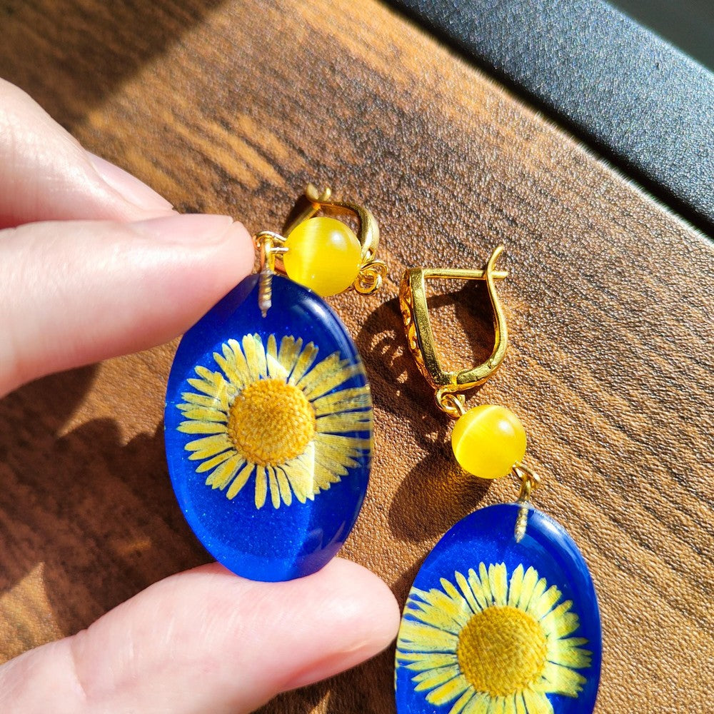 Dried Flower Resin Earrings with Yellow Daisy in Blue Resin