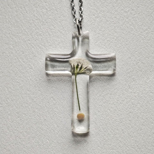 Mustard Seed and Babys Breath Cross Necklace Faith Flower Gift
