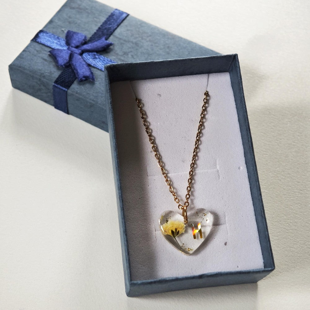 Custom Heart Flower Necklace Holographic Initial with Real Babys Breath