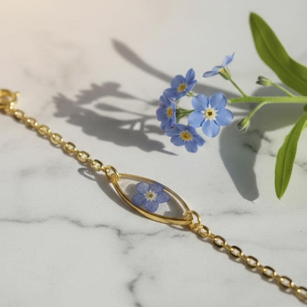 Personalized Forget Me Not Bracelet Real Flower Jewelry Custom Name Gold