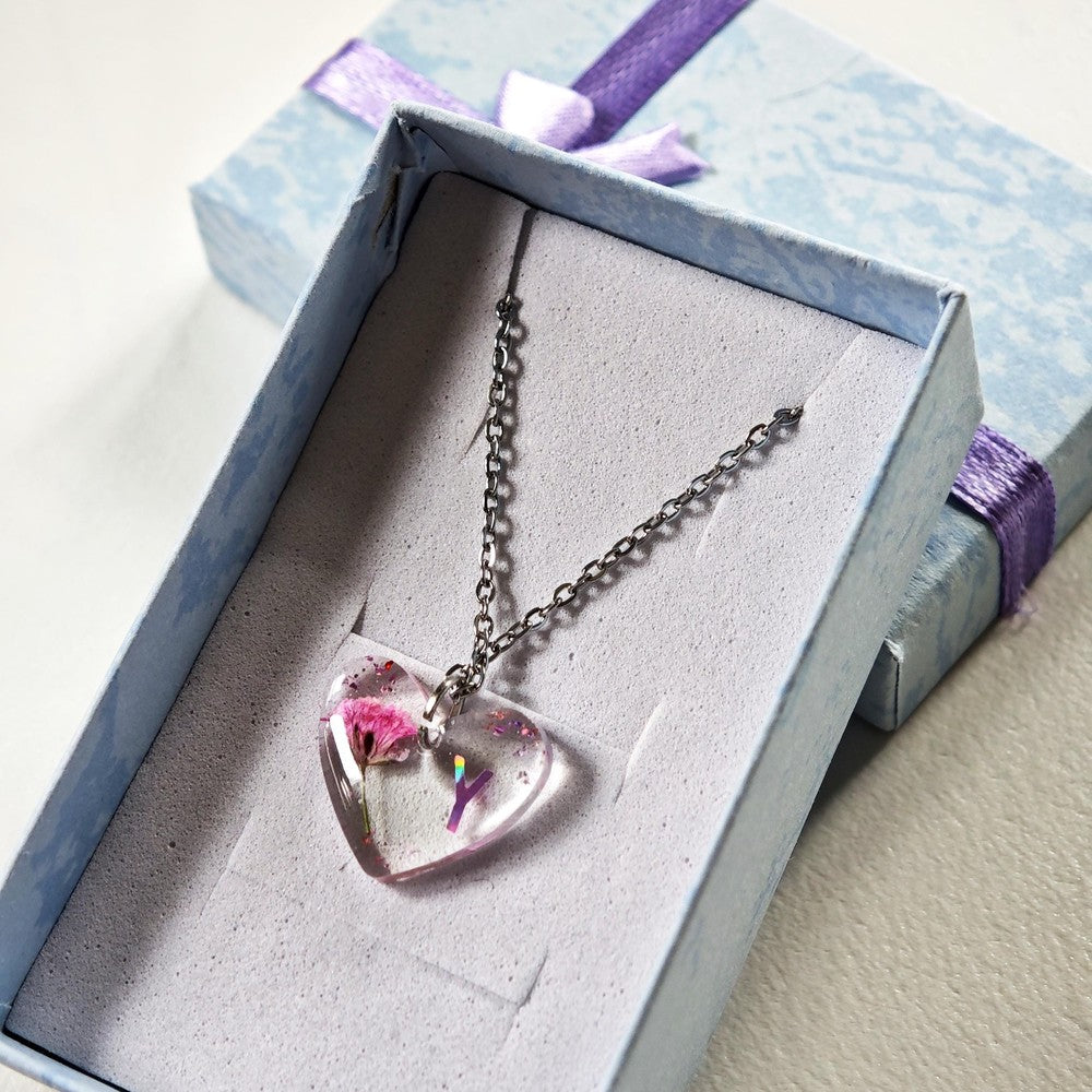 Custom Heart Flower Necklace Holographic Initial with Real Babys Breath