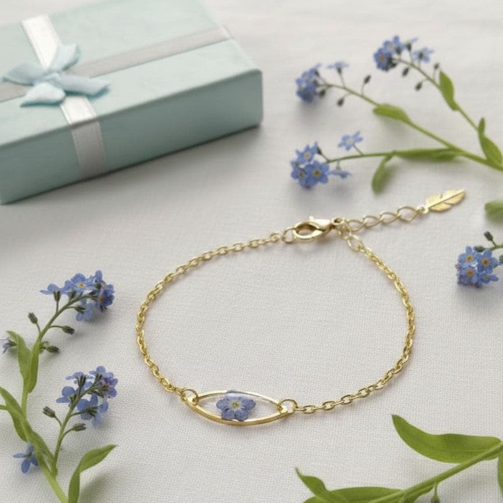 Personalized Forget Me Not Bracelet Real Flower Jewelry Custom Name Gold