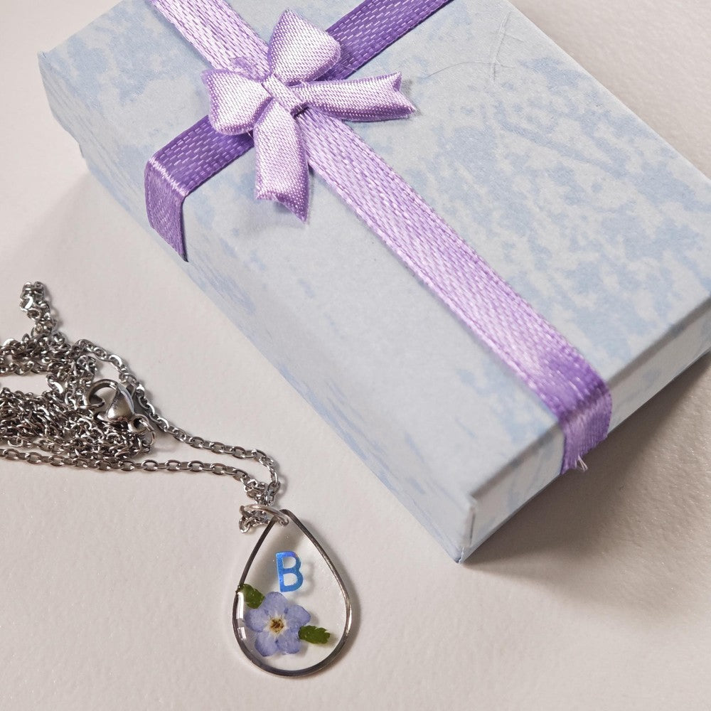 Personalized Forget Me Not Necklace Real Pressed Flower Custom Name Heart