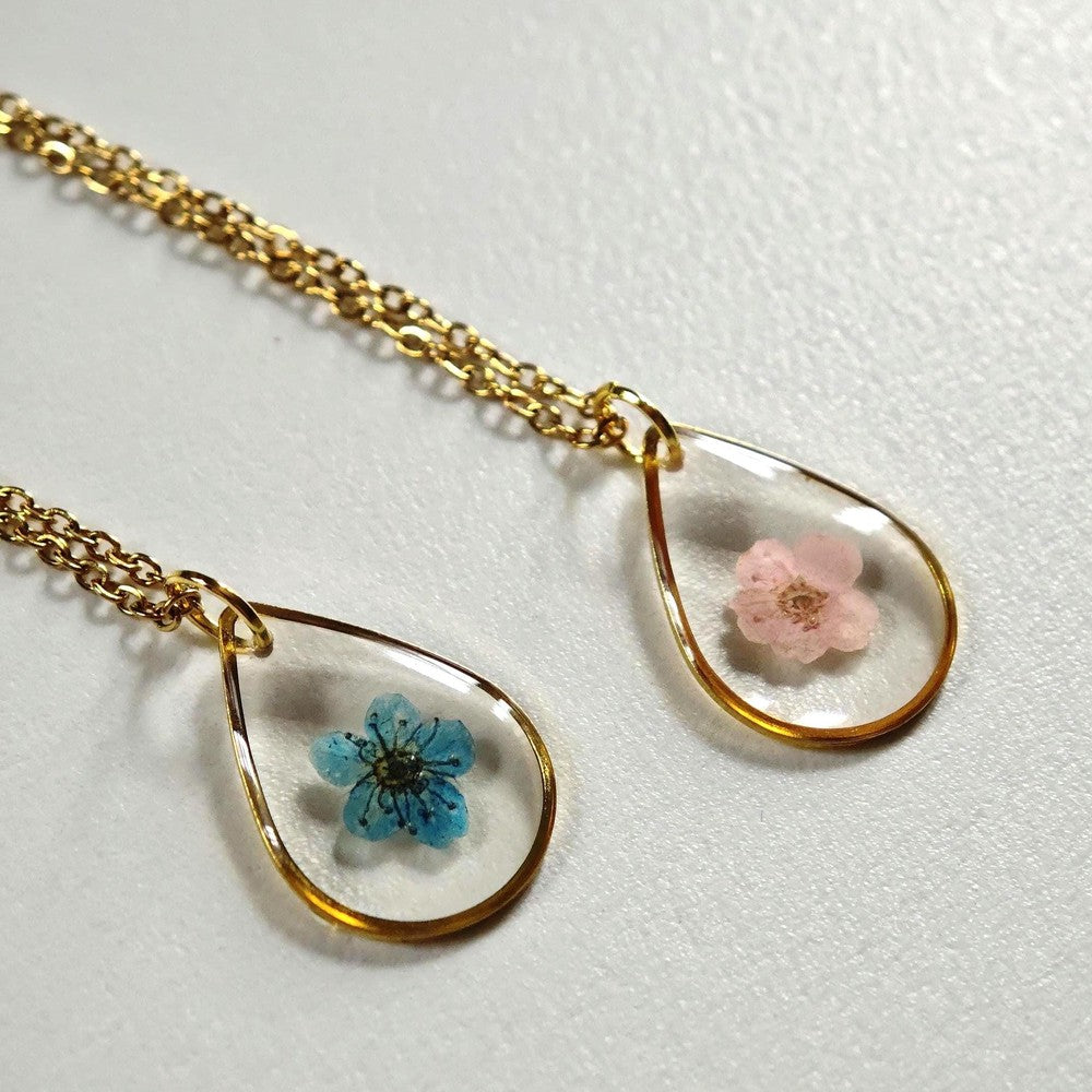 Teardrop Glass Necklace with Pink Blue Flowers Personalized Mom Jewelry
