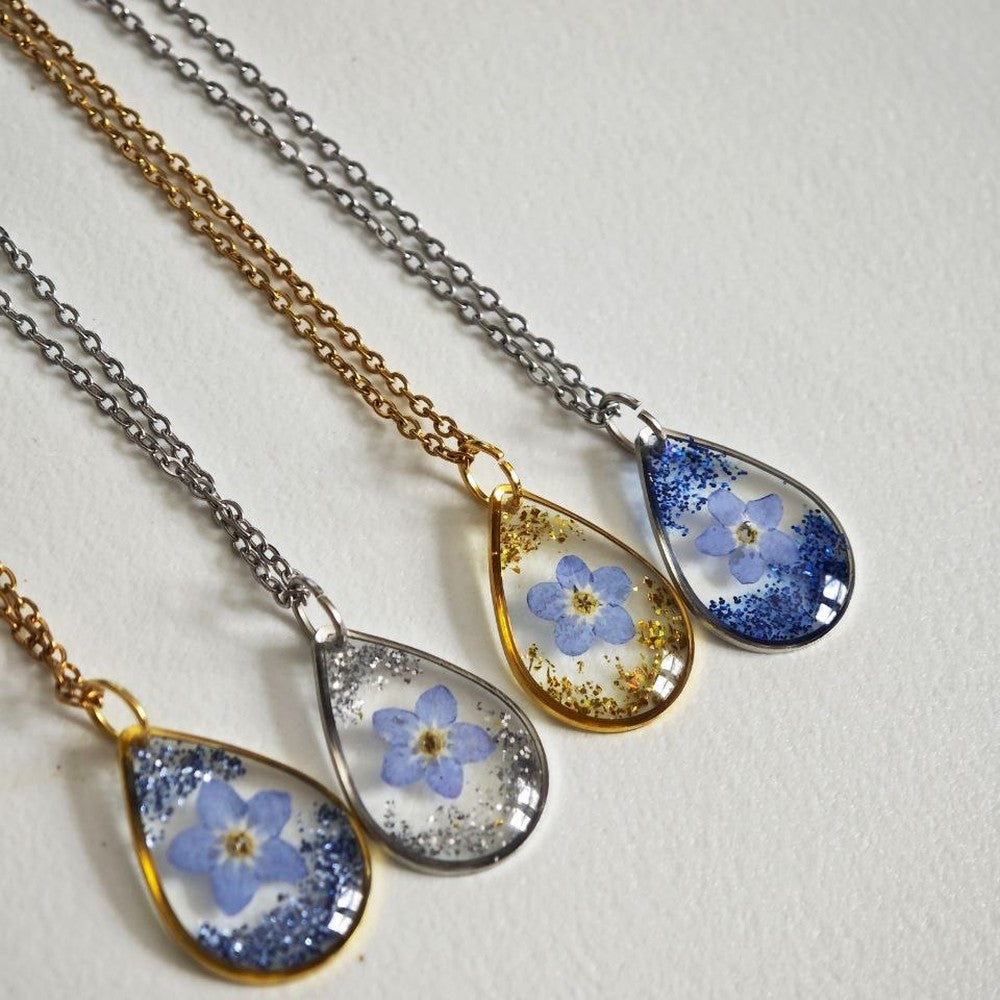 Forget-Me-Not Necklace Real Pressed Flower Teardrop Pendant Meaningful Gift