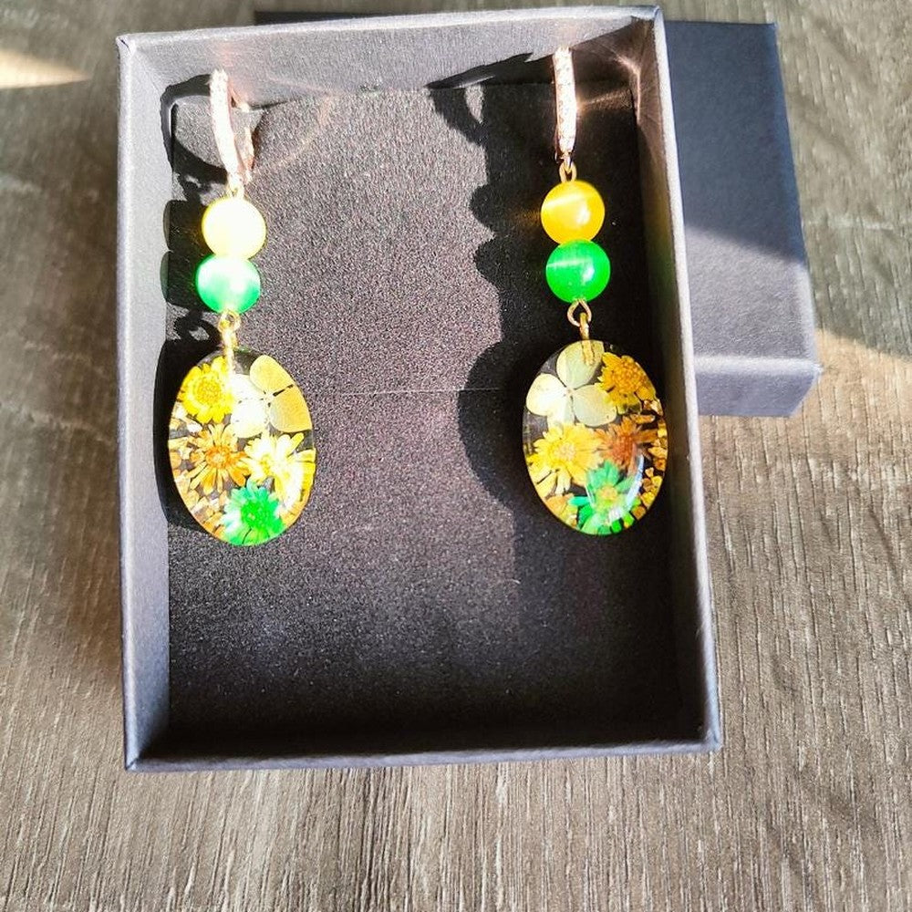 Resin Earrings with Real Yellow and Green Flowers