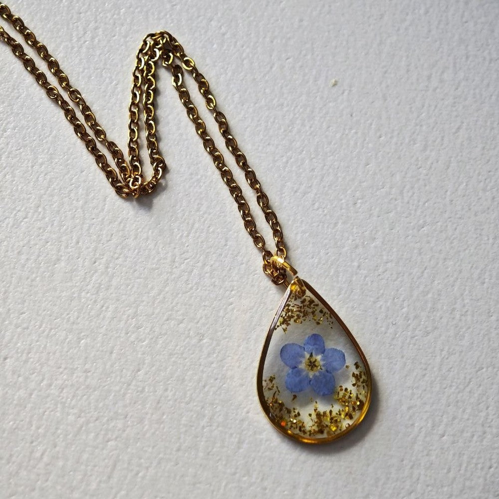 Forget-Me-Not Necklace Real Pressed Flower Teardrop Pendant Meaningful Gift