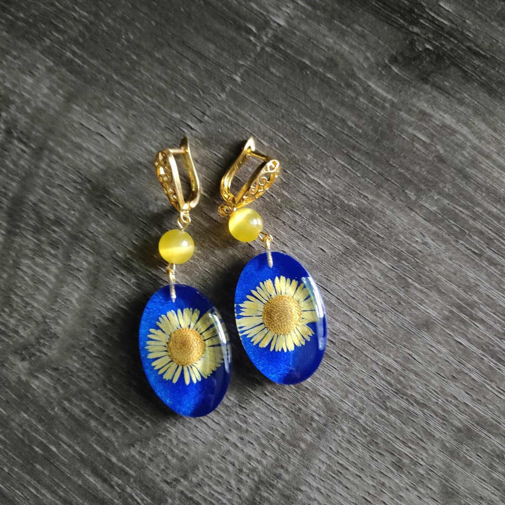 Dried Flower Resin Earrings with Yellow Daisy in Blue Resin