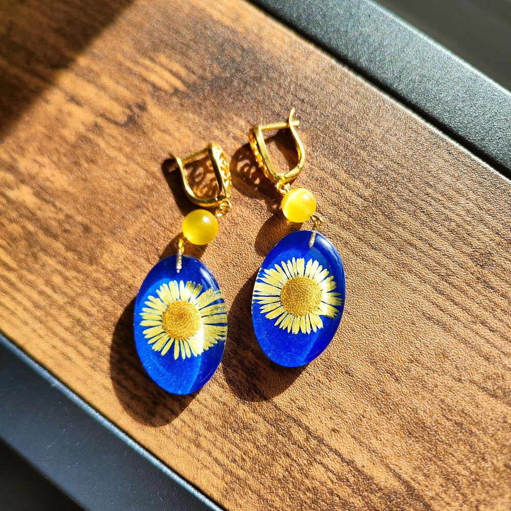 Dried Flower Resin Earrings with Yellow Daisy in Blue Resin