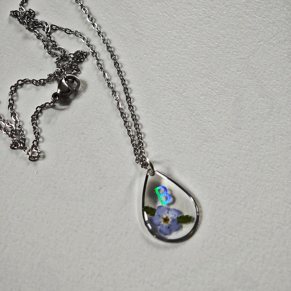 Personalized Forget Me Not Necklace Real Pressed Flower Custom Name Heart