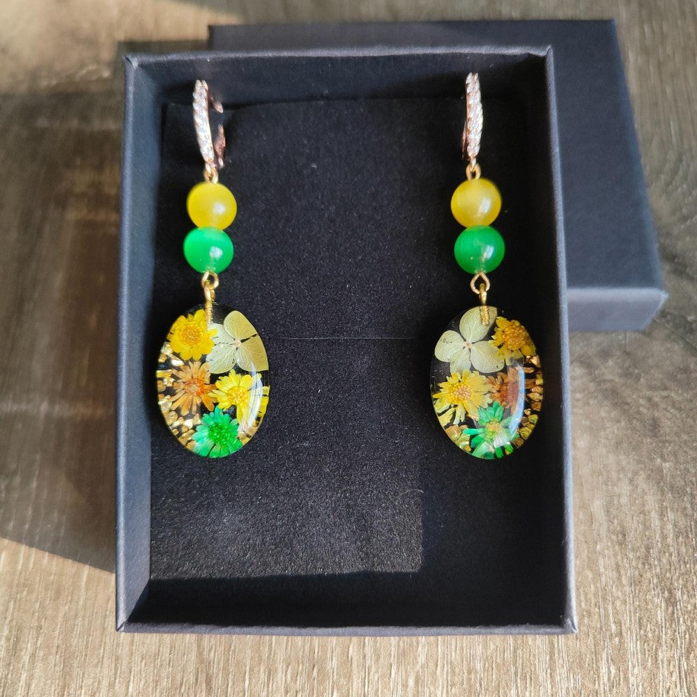 Resin Earrings with Real Yellow and Green Flowers