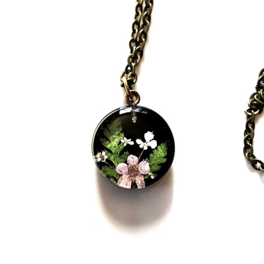 Black Resin Heart Necklace with Crushed Gold Flakes Handmade