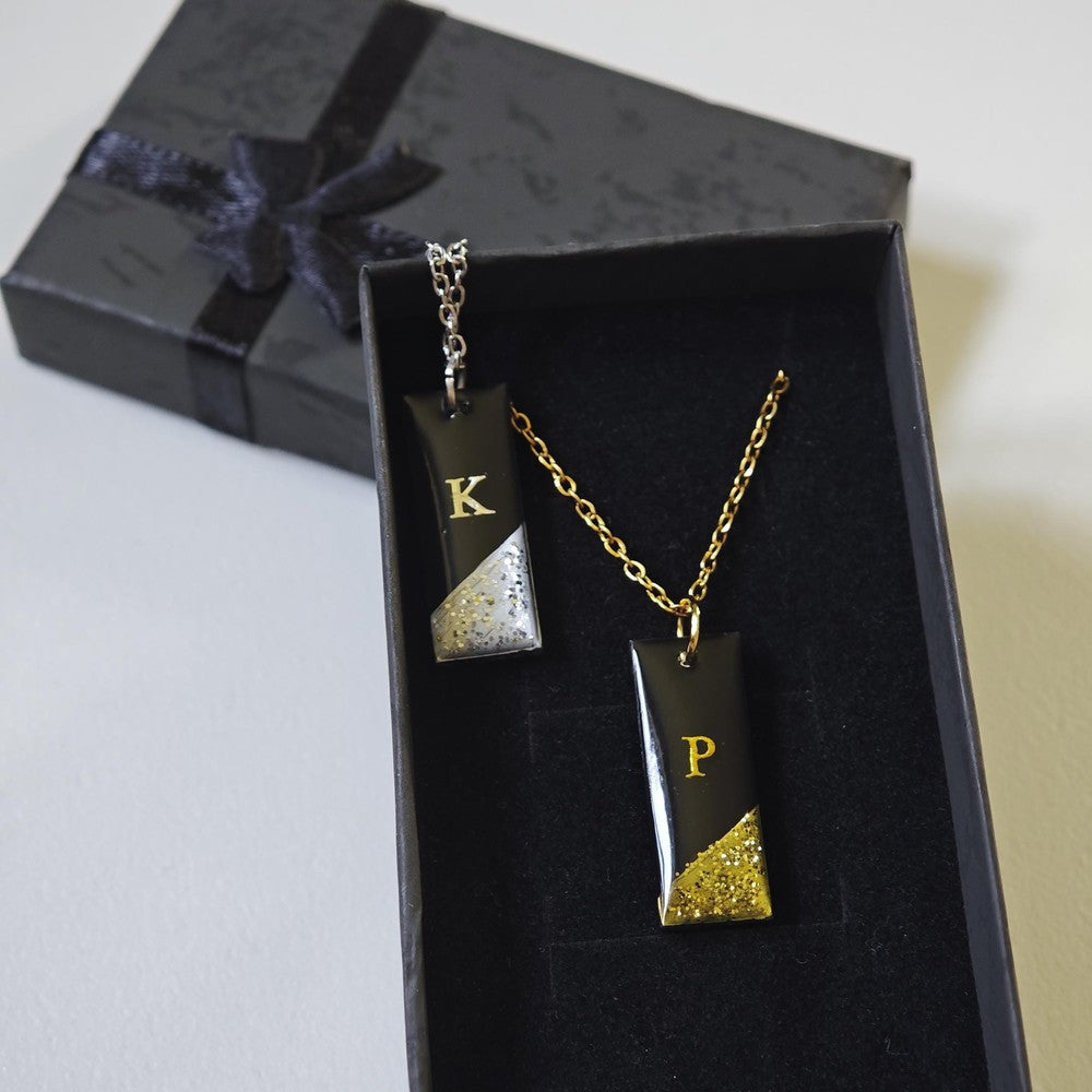 Personalized Initial Necklace Black Gold Resin Pendant Custom Letter
