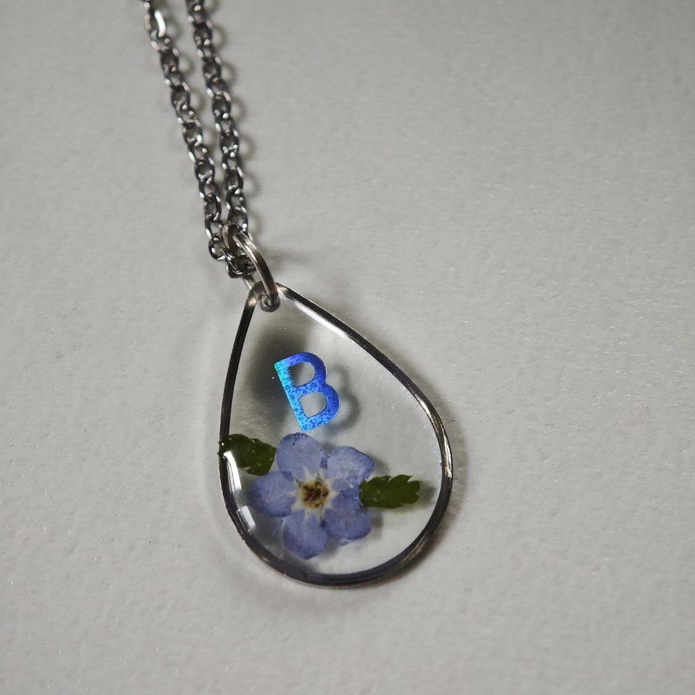 Personalized Forget Me Not Necklace Real Pressed Flower Custom Name Heart