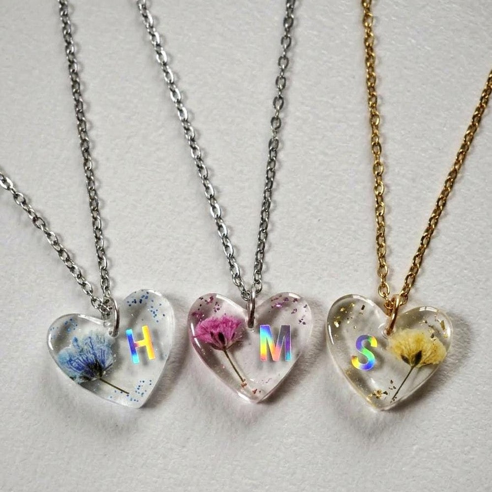 Custom Heart Flower Necklace Holographic Initial with Real Babys Breath