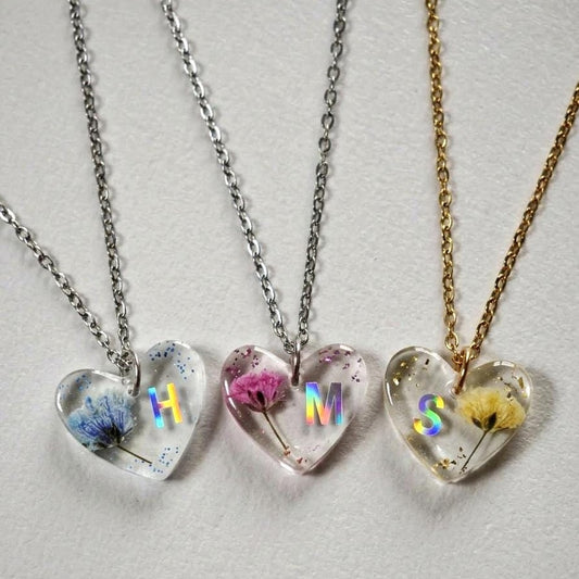 Custom Heart Flower Necklace Holographic Initial with Real Babys Breath