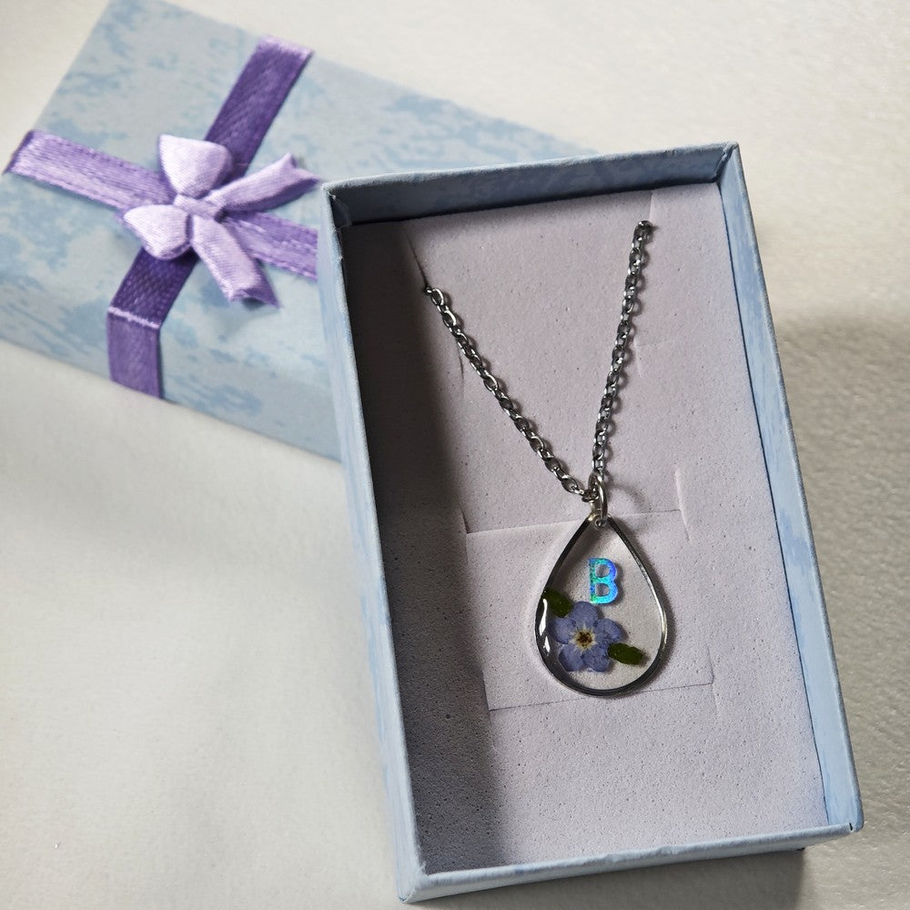 Personalized Forget Me Not Necklace Real Pressed Flower Custom Name Heart