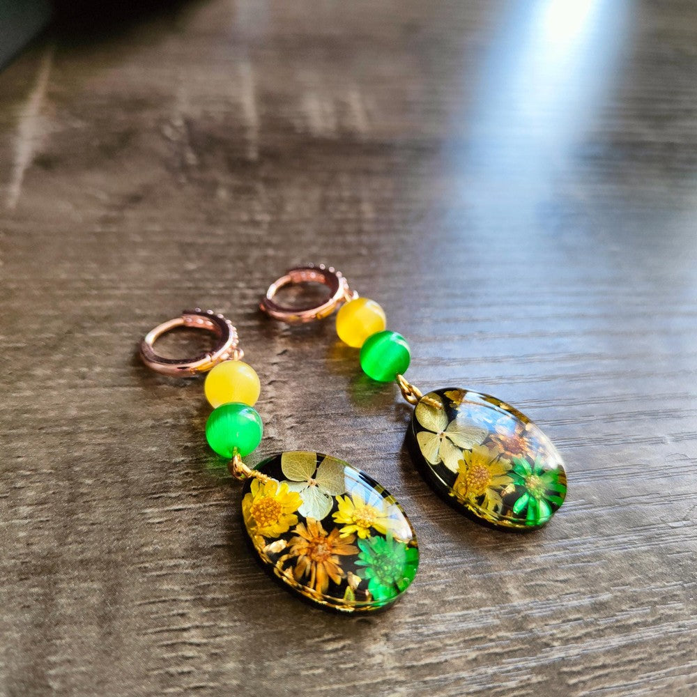 Resin Earrings with Real Yellow and Green Flowers