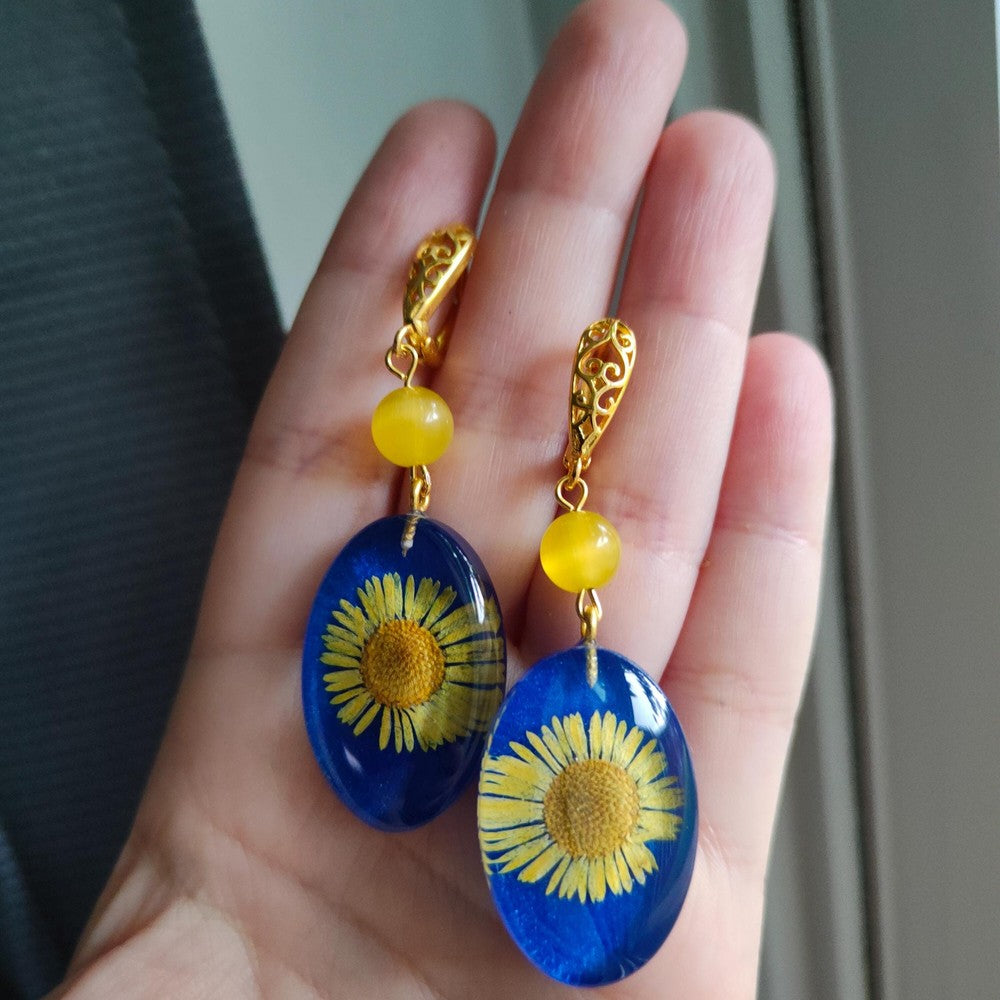 Dried Flower Resin Earrings with Yellow Daisy in Blue Resin