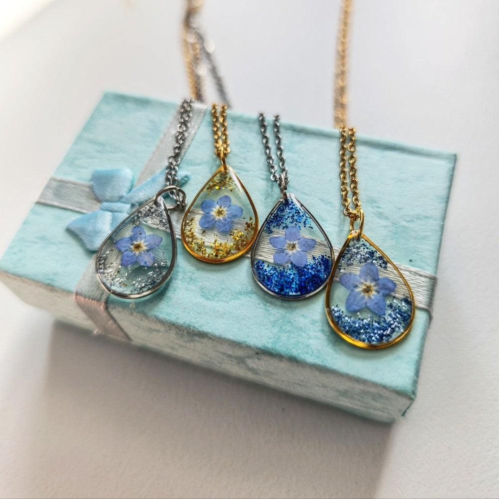 Forget-Me-Not Necklace Real Pressed Flower Teardrop Pendant Meaningful Gift