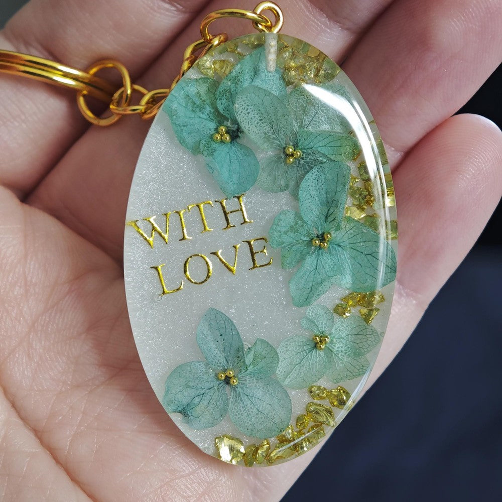 With Love Real Pink Hydrangea Keychain Gold Script Flower Charm