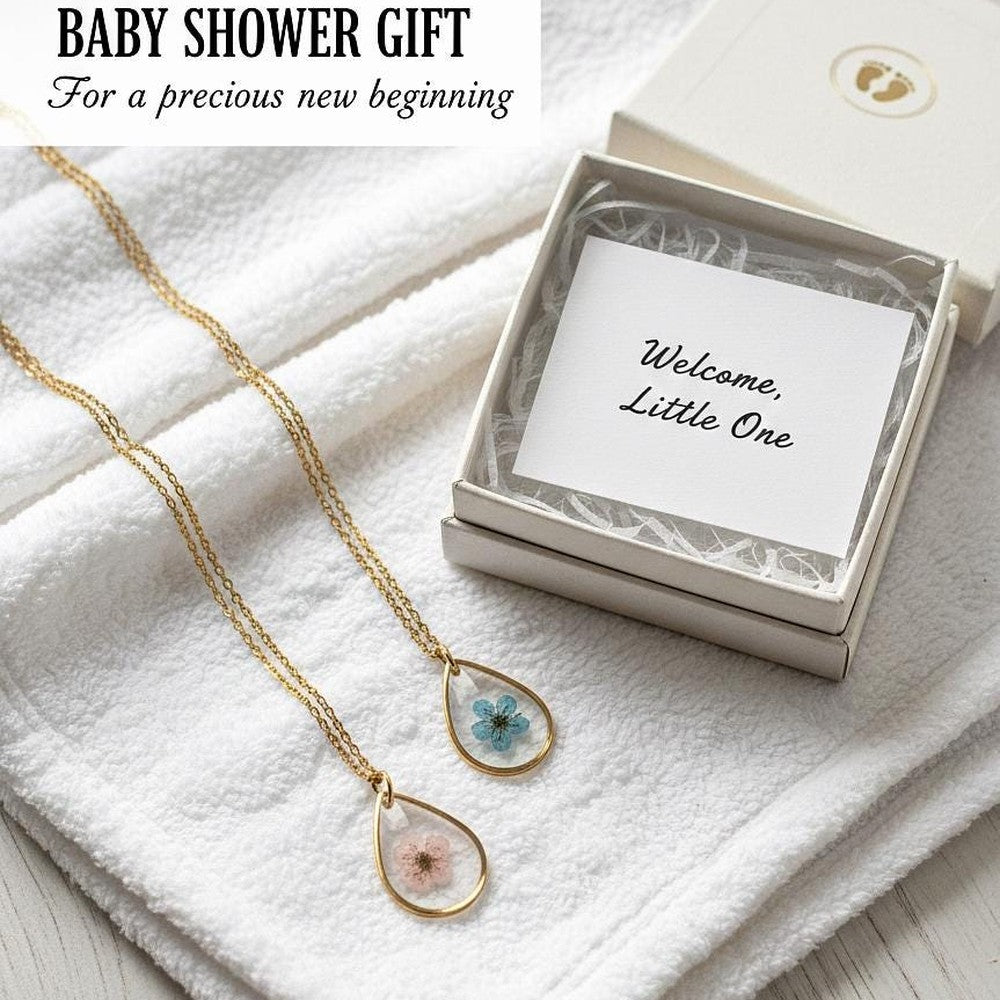Teardrop Glass Necklace with Pink Blue Flowers Personalized Mom Jewelry