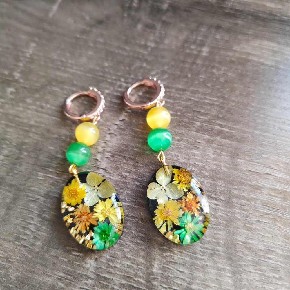 Resin Earrings with Real Yellow and Green Flowers
