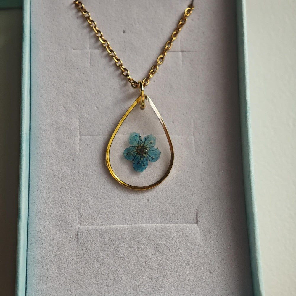 Teardrop Glass Necklace with Pink Blue Flowers Personalized Mom Jewelry