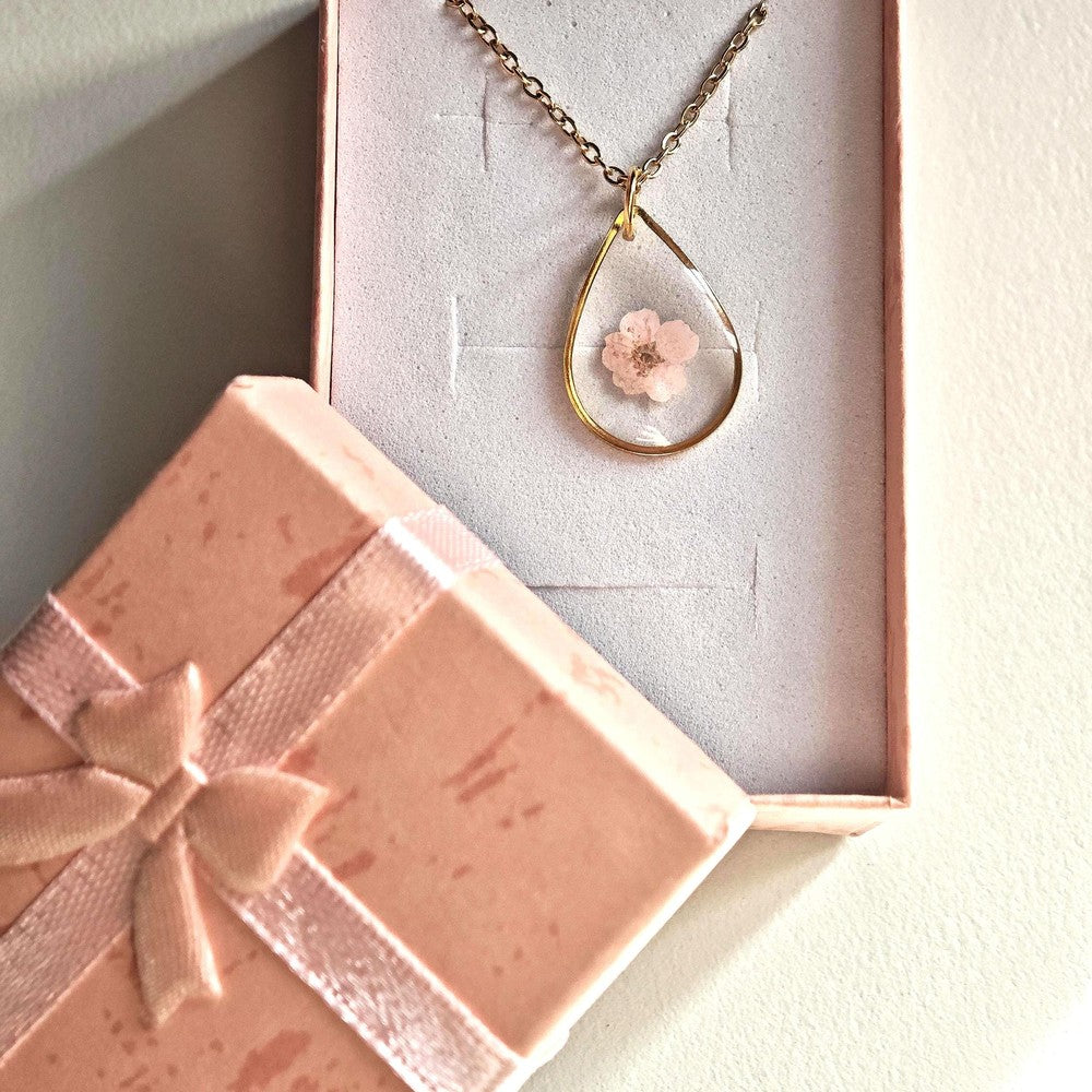Teardrop Glass Necklace with Pink Blue Flowers Personalized Mom Jewelry