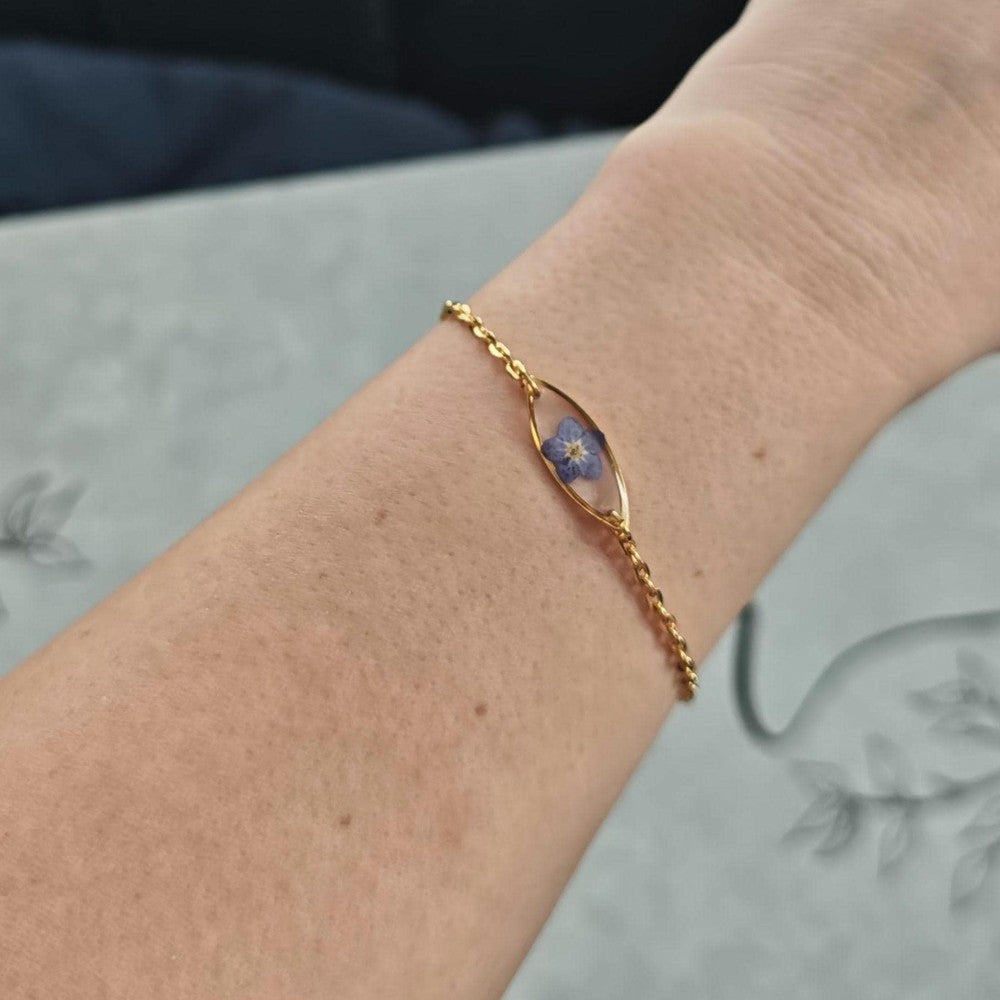 Personalized Forget Me Not Bracelet Real Flower Jewelry Custom Name Gold
