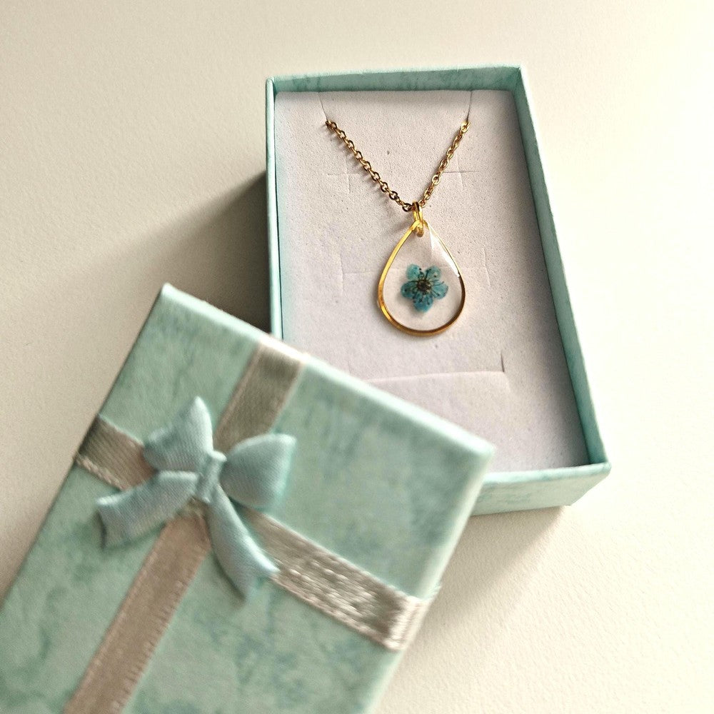 Teardrop Glass Necklace with Pink Blue Flowers Personalized Mom Jewelry